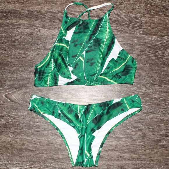 Zaful Swim Palm Leaf Halter Bikini Set Size M - Picture 1 of 3
